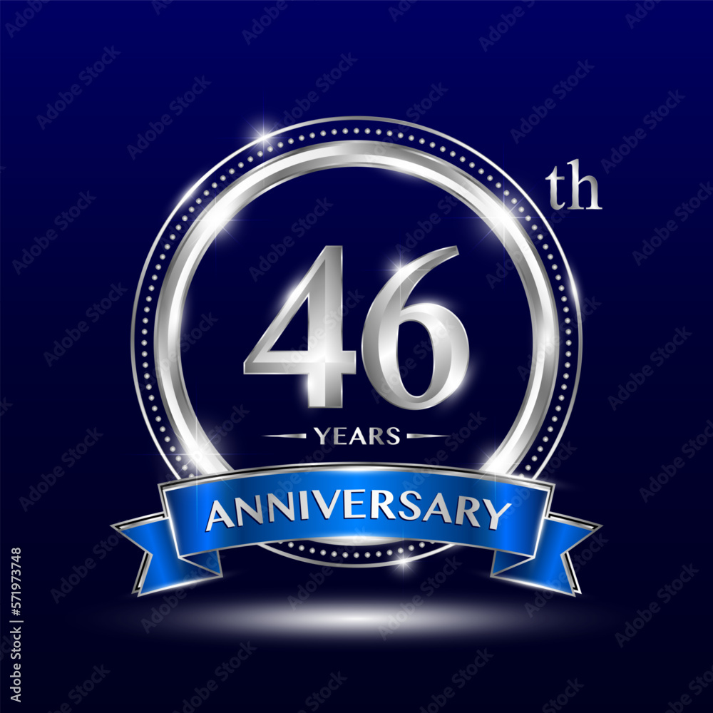 46th Anniversary logo with retro style, silver color ring design and blue ribbon for anniversary celebration event. Logo Vector Template 46th Anniversary logo with retro style, silver color ring design and blue ribbon for anniversary celebration event. Logo Vector Template