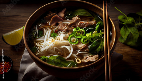 A bowl of Vietnamese pho with rice noodles and fresh herbs generative AI