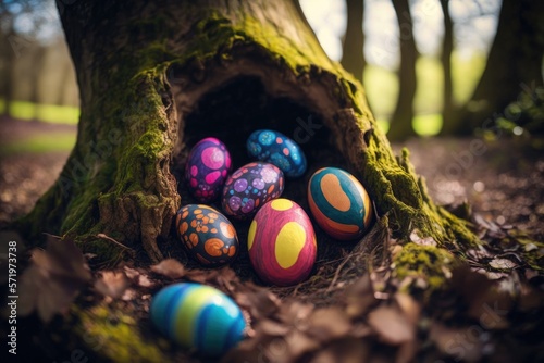 Painted eggs at the bottom of the tree to celebrate the tradition of Easter and Ostara