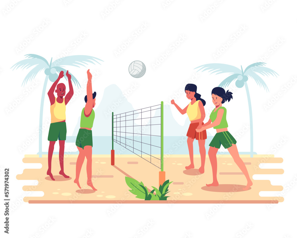 happy young people playing beach volleyball on seaside