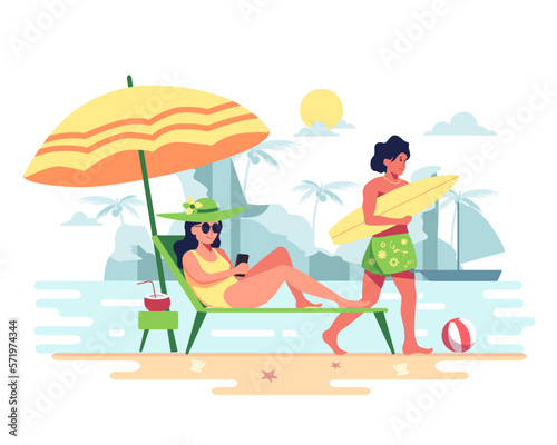 Couple on vacation, going to the sea, sunbathing, surfing board