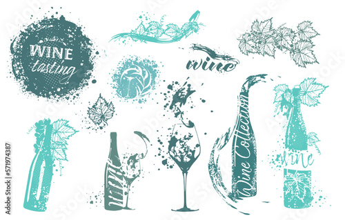 Collection of wine glasses and bottles - Wine Designs. Sketch vector illustration. Hand drawn elements for invitation cards, advertising banner and menu cards. Wine glasses with splashing wine.