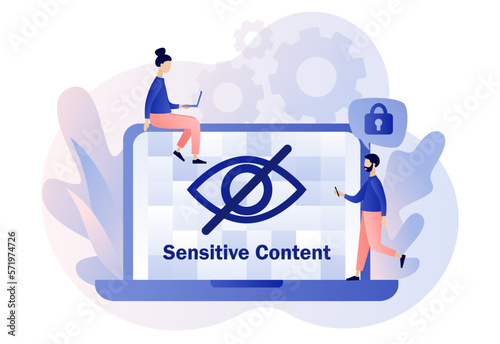 Sensitive content concept. Eye crossed sign on laptop screen. Explicit content in social media, website, photos, pictures and video. Hide view. Modern flat cartoon style. Vector illustration