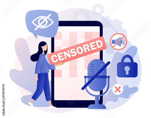 Censorship concept. Censored info in smartphone app. Censure pixelation effect and blur. Sensitive content. Modern flat cartoon style. Vector illustration on white background 