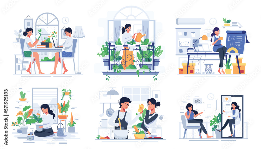 bundle with lifestyle of couple at home cartoon vector
