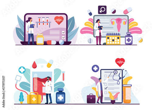 Bundle with medical people working online cartoon vector