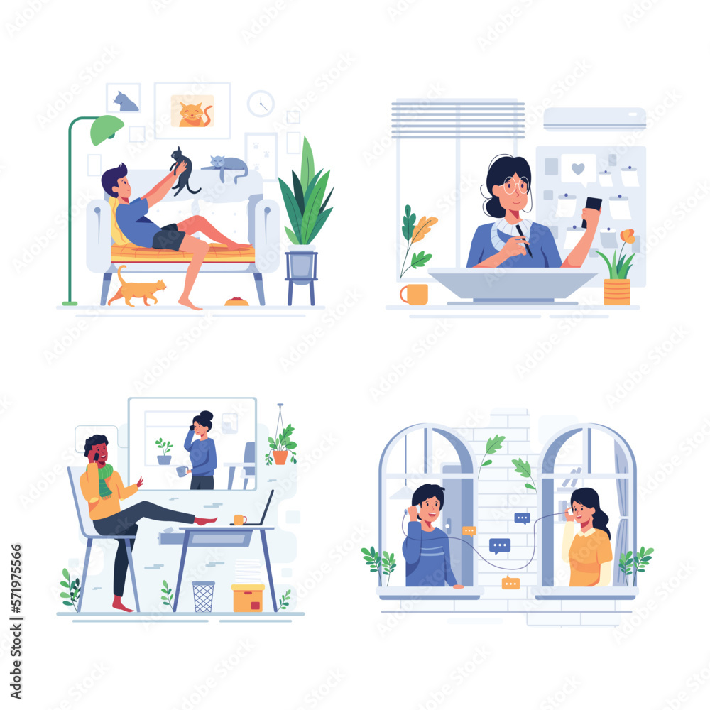 bundle lifestyle people when Stay Home cartoon vector