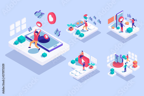 isometic people happy with Sosial media cartoon vector
