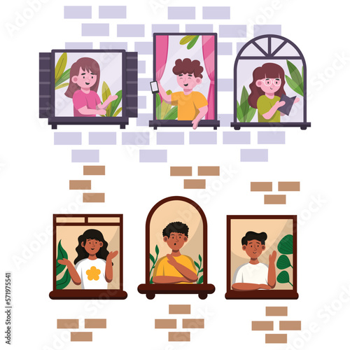 Young people stay home in cartoon character vecter