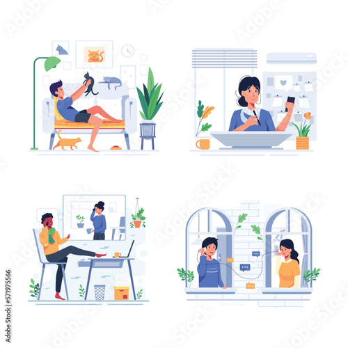 bundle lifestyle people when Stay Home cartoon vector