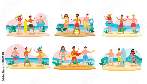Bundle of man character 6 sets, 18 poses of female in swimming suit with gear on the beach