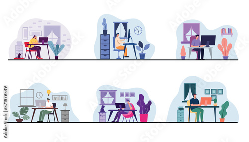 Young worker use technology device for working vector