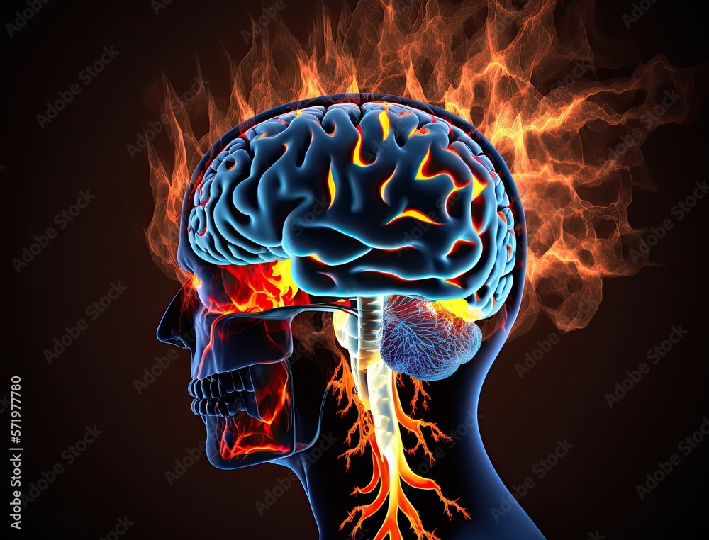 Human brain burning head headache illustration, strong bursting pain in ...