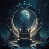Medieval iron throne of kings made of weapons: swords, daggers, spears, knives blades. Misterious low key middle ages fantasy background design element. Dark knights game concept. Clipping path. 3D
