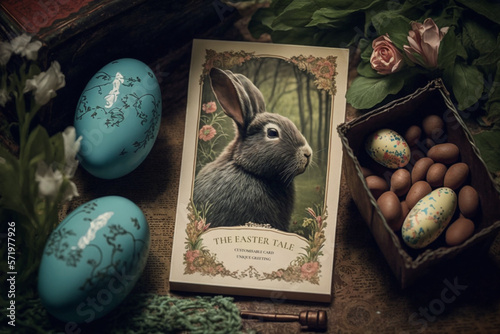 Customisable text on Easter holiday card. victorian vintage postcard with easter bunny rabbit hare with chocolate eggs, on a wooden table with flowers. 