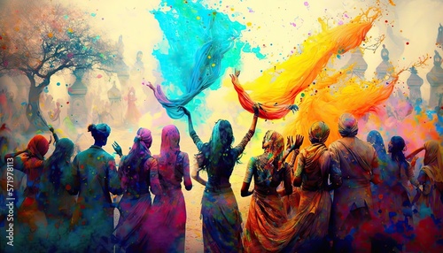 Obraz na plátně Holi festival celebration, people colorful silhouettes smear and drench each other with colours, Holi festival of colours