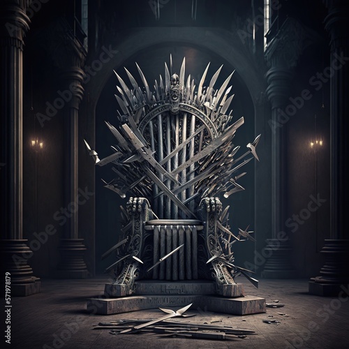 Foto Medieval iron throne of kings made of weapons: swords, daggers, spears, knives blades