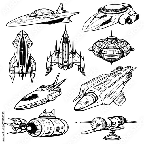 vector icons set of diferent space ships and cosmos