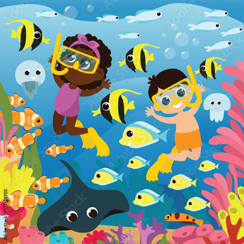 Under the water near the coral reefs children swim divers along with fish  jellyfish and stingray. Picture for children s puzzles underwater sea world.