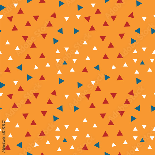 Bright geometric pattern with multicolored triangles on a bright yellow background. Abstract print in a simple hand-drawn style. Randomly scattered triangles texture. Vector graphic design.