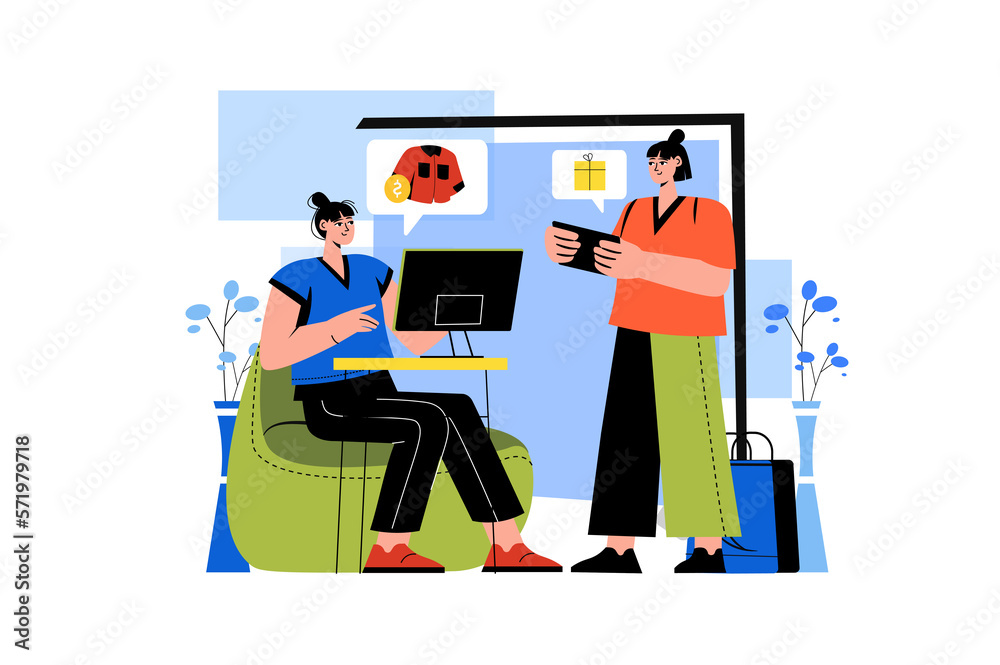 Color concept Online shopping with people scene in the flat cartoon style. Two girls choose different clothes on the online store.