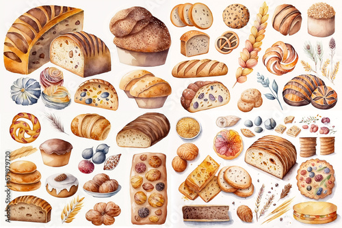 Watercolor illustration of bread types collection on white background - AI generative