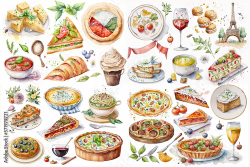 Watercolor illustration of French dishes collection on white background - AI generative