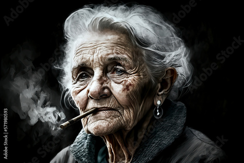 cartoon of portrait of smoking old woman, ai generated photo