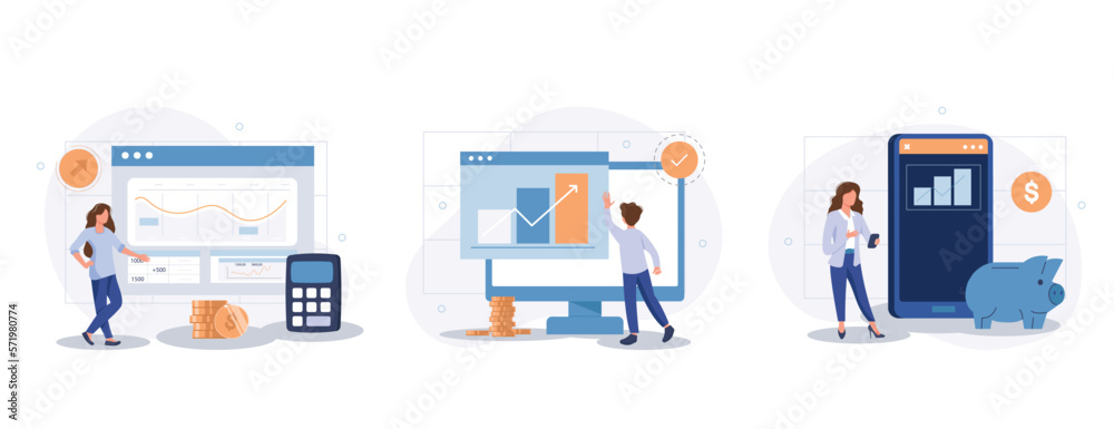 Characters investing money in stock market. People analyzing financial graphs, charts and diagrams and other data. Stock trading concept. Flat cartoon vector illustration and icons set Characters investing money in stock market. People analyzing financial graphs, charts and diagrams and other data. Stock trading concept. Flat cartoon vector illustration and icons set