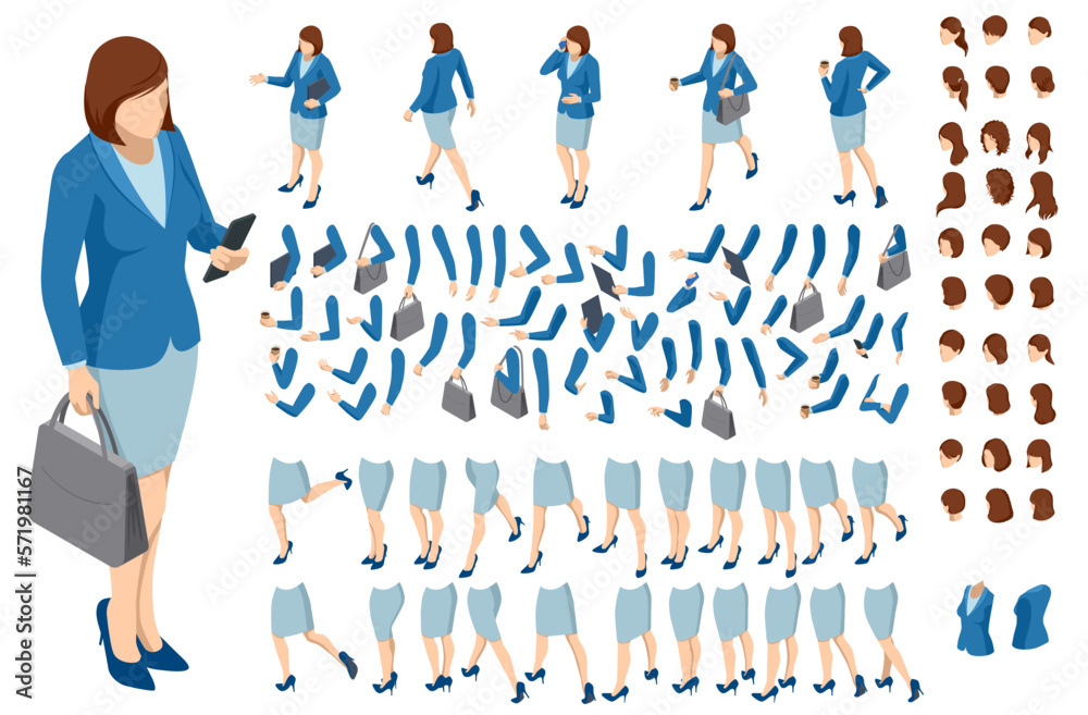 Isometric brown-haired woman character constructor. Front and back view. Various options for hairstyle, clothes, accessories and gadgets, legs, and arms moves.Businesswoman character design