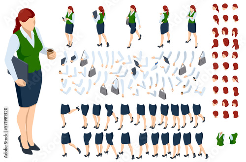 Isometric brown-haired woman character constructor. Front and back view. Various options for hairstyle, clothes, accessories and gadgets, legs, and arms moves.Businesswoman character design