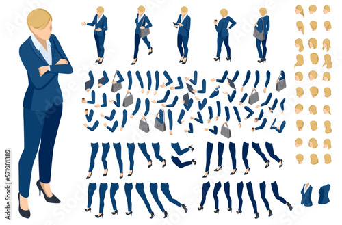 Isometric blonde-haired woman character constructor. Front and back view. Various options for hairstyle, clothes, accessories and gadgets, legs, and arms moves.Businesswoman character design