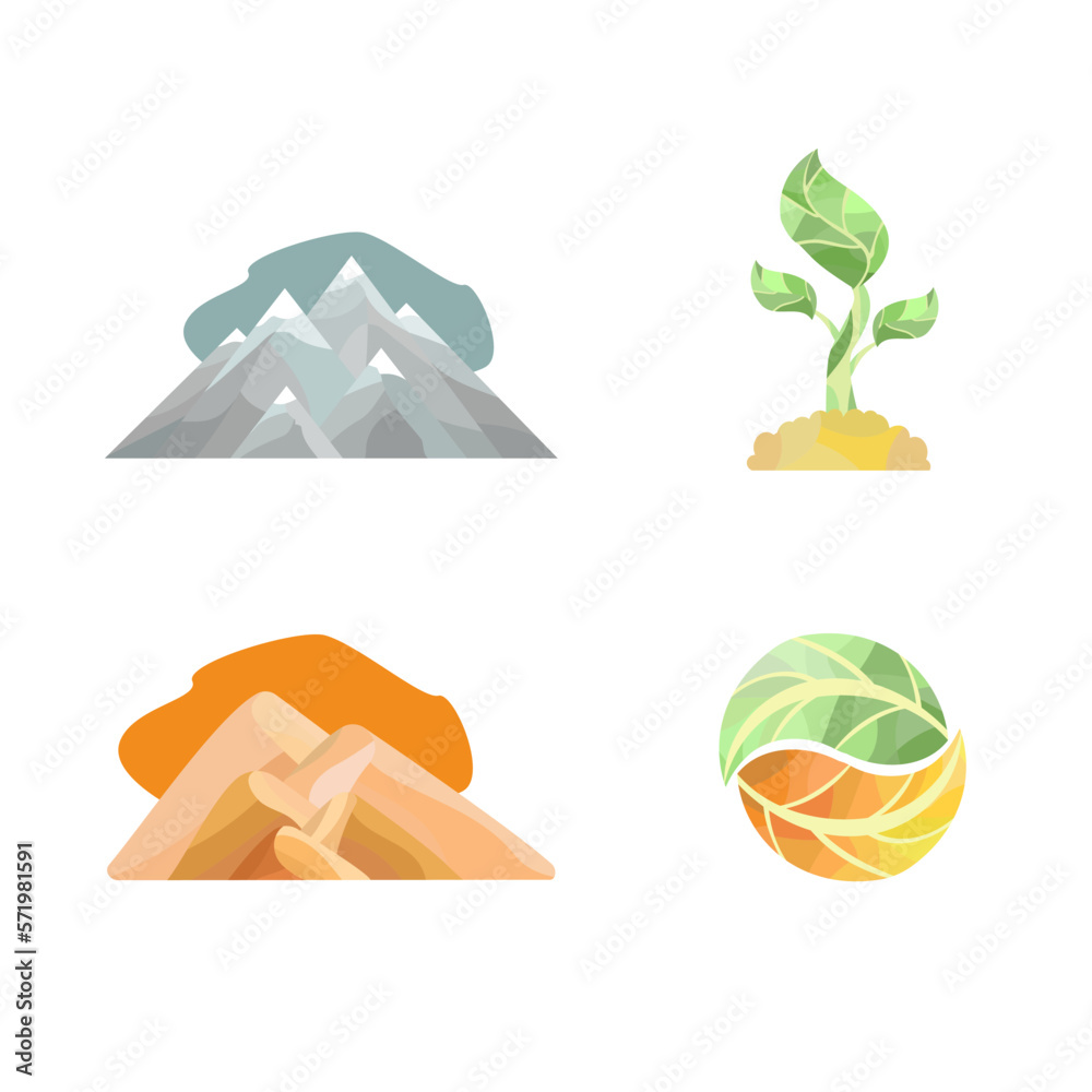 Set of flat colored vector icons with natural elements and symbols of ...