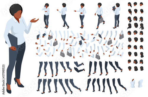Isometric African American woman character constructor. Front and back view. Various options for hairstyle, clothes, accessories and gadgets, legs, and arms moves.Businesswoman character design