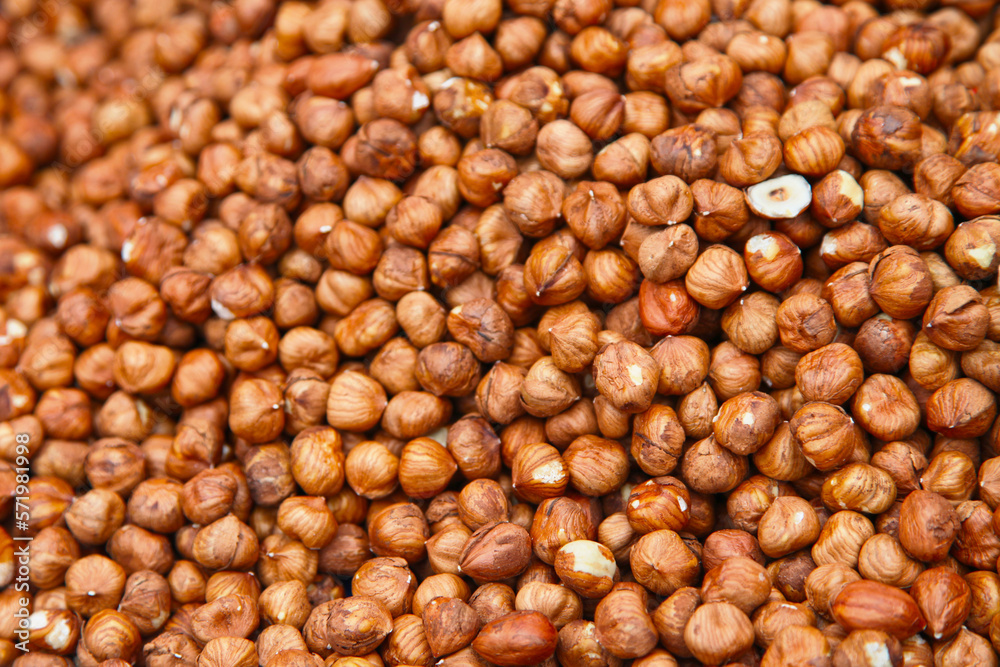 Stack of hazelnuts on a market stall Stack of hazelnuts on a market stall