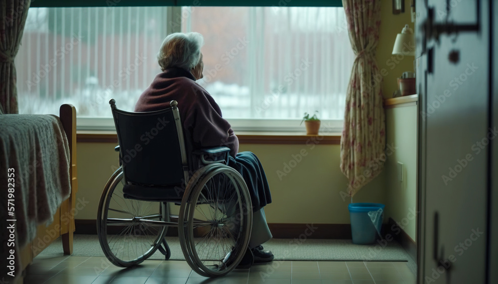 Lonely elderly senior woman in a wheelchair in nursing home looking out the window, Generative AI - obrazy, fototapety, plakaty 