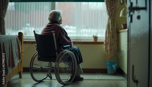 Tela Lonely elderly senior woman in a wheelchair in nursing home looking out the wind