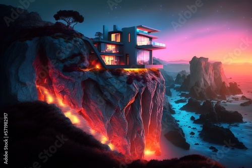 Majestic mega mansion with bright neon lights on a cliff overlooking a magical ocean at sunset, generative ai