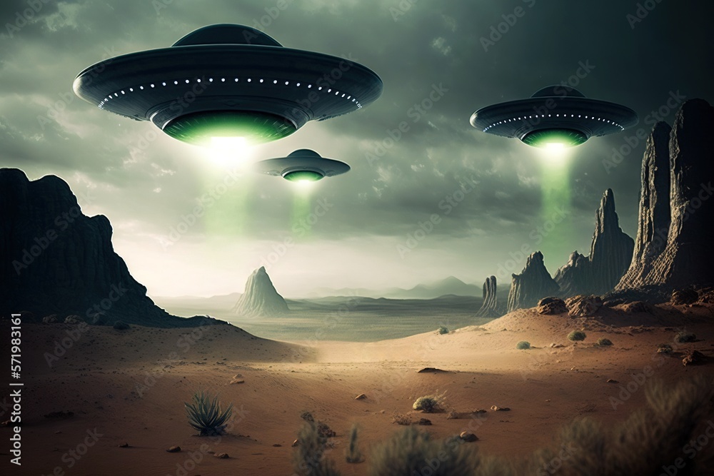Alien UFOs hovering over a desert with green light beams, generative AI Alien UFOs hovering over a desert with green light beams, generative AI