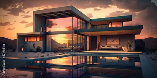 luxurious home, outdoor living concept with private oasis, modern minimalist architecture design, backyard swimming pool and palm trees, fictional architecture created with generative ai