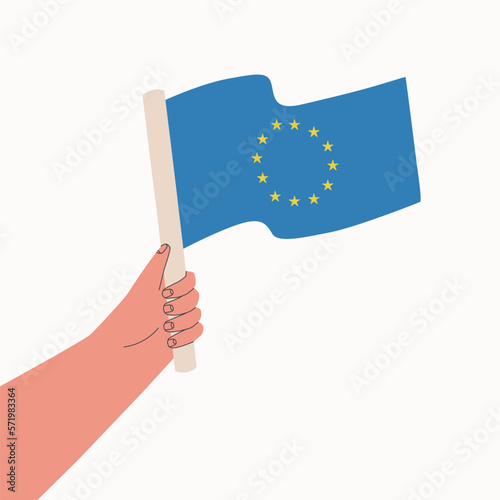 Flag of European Union. Hand holds European blue flag with stars. Vector cartoon illustration.