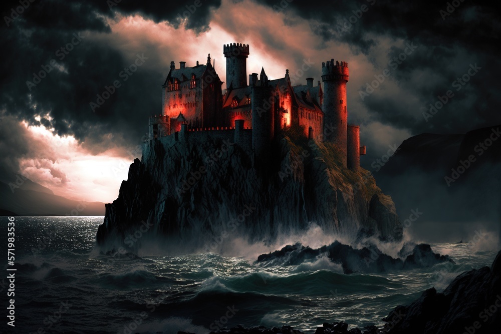 Dark castle with red lights on a mountain in a stormy ocean, generative ai