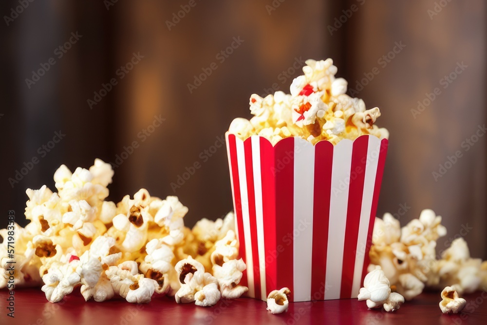 Classic Red and White Popcorn Cup with Freshly Popped Golden Kernels - Perfect Snack for Movie Nights, Parties, and More - High-Quality Photo for Marketing and Advertising Use Classic Red and White Popcorn Cup with Freshly Popped Golden Kernels - Perfect Snack for Movie Nights, Parties, and More - High-Quality Photo for Marketing and Advertising Use