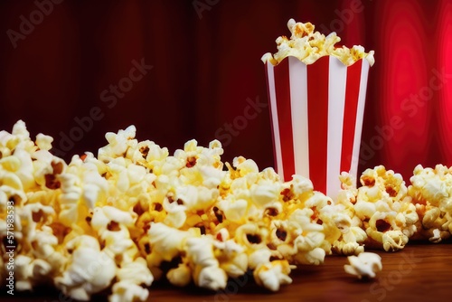 Classic Red and White Popcorn Cup with Freshly Popped Golden Kernels - Perfect Snack for Movie Nights, Parties, and More - High-Quality Photo for Marketing and Advertising Use