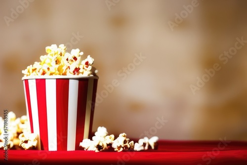 Classic Red and White Popcorn Cup with Freshly Popped Golden Kernels - Perfect Snack for Movie Nights, Parties, and More - High-Quality Photo for Marketing and Advertising Use © Gabriele