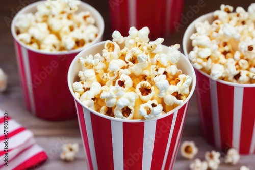 Classic Red and White Popcorn Cup with Freshly Popped Golden Kernels - Perfect Snack for Movie Nights, Parties, and More - High-Quality Photo for Marketing and Advertising Use