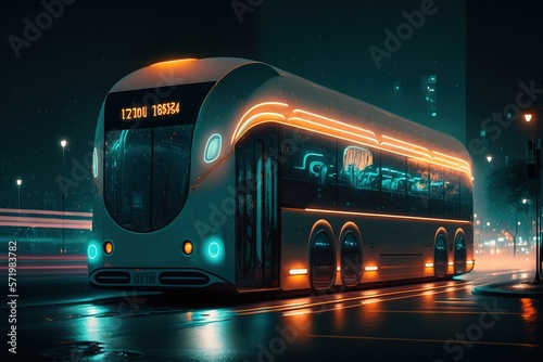 A futuristic anime-style bus with colorful neon lights cruising through a city street at night, generative ai