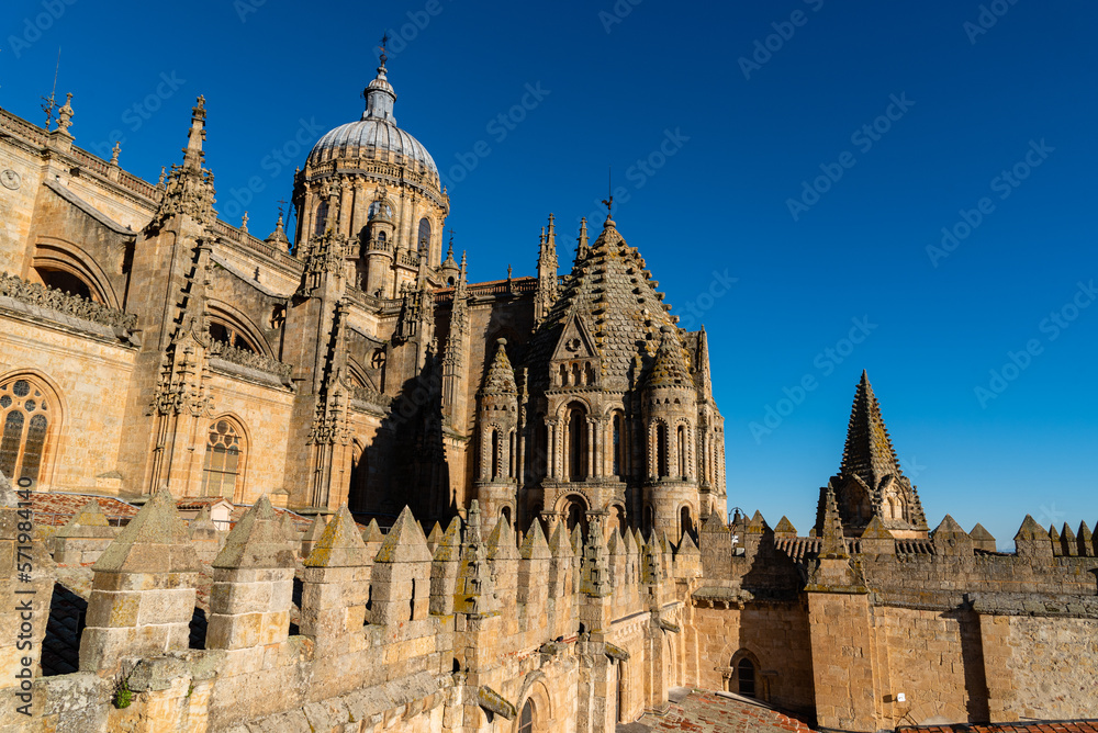 Exterior view of the dome of the Old Cathedral of Salamanca a blue sky day. Castilla y Leon, Spain