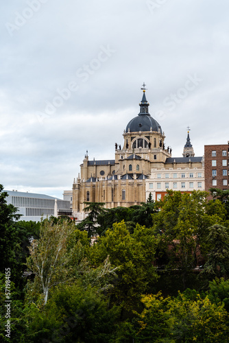 Almudena Cathedral and Vistillas Park in Madrid. Cloudy day. Vertical photography