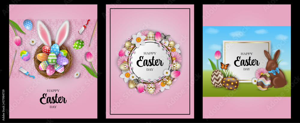 set of easter cards with flowers and colorful eggs. decorated eggs in a nest with bunny ears. round frame with flowers and gold eggs. white and gold label with chocolate eggs and on spring landscape set of easter cards with flowers and colorful eggs. decorated eggs in a nest with bunny ears. round frame with flowers and gold eggs. white and gold label with chocolate eggs and on spring landscape